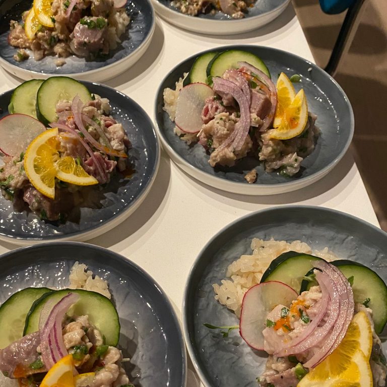 “Channel Islands rockfish ceviche with Meyer lemon and chili, luxury raw bar catering.”